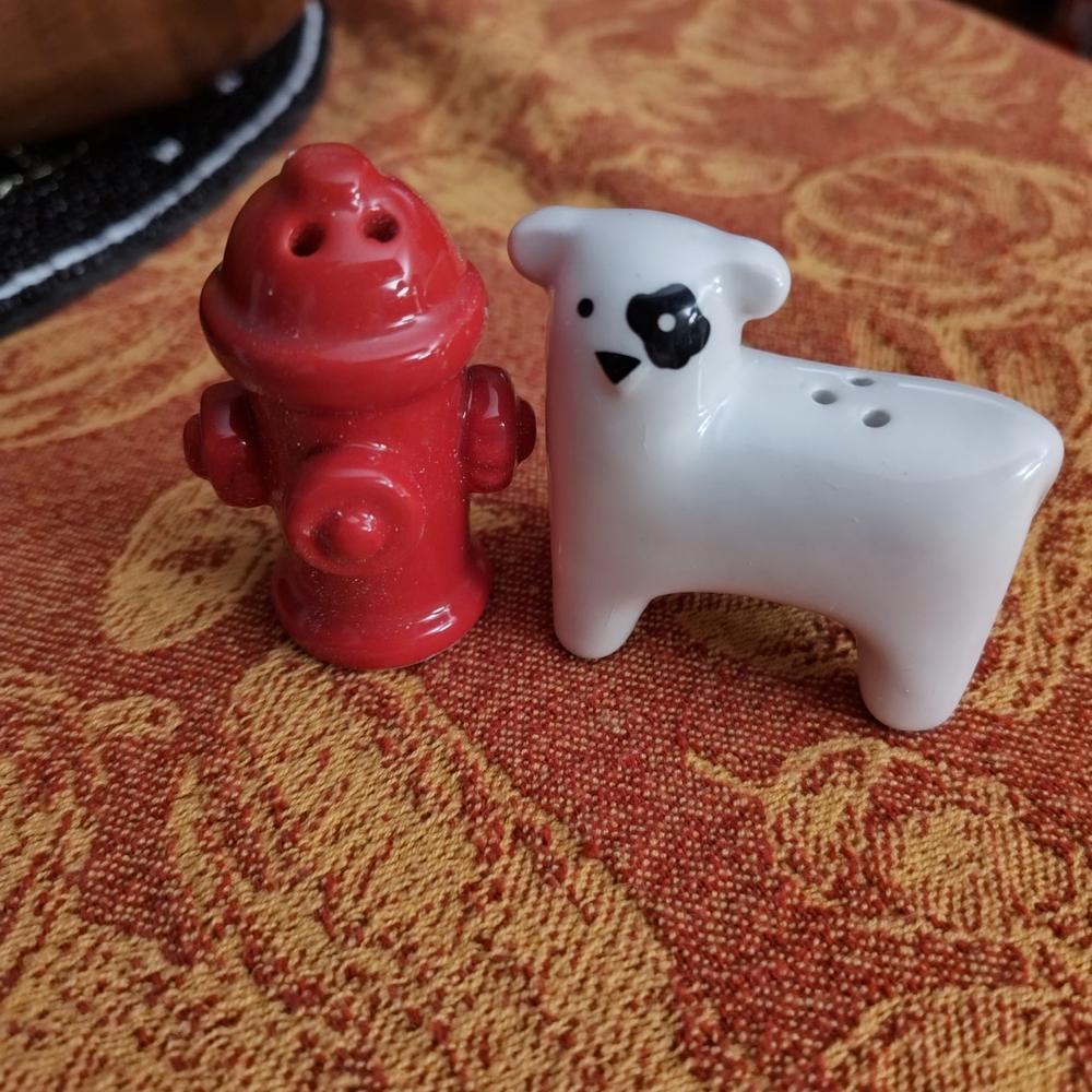 Red Fire Hydrant and White Dog Salt and Pepper Shakers With Stoppers